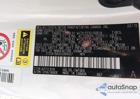 2012 Lexus Rx 350 z USA, uszkodzony, nr VIN 2T2ZK1BA3CC084057